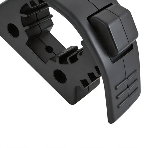 Close-up of rugged truck shovel holder with quick release rubber clamp, fits 1 to 1.5 inch diameter, universal for off road use.