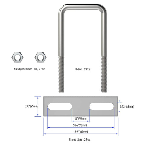 Diagram of Two Sets Of 304 Stainless Steel Square U Bolts With M8 Nuts, 2.75 Inch Inner Width, 4.33 Inch Length, Frame Plate Included