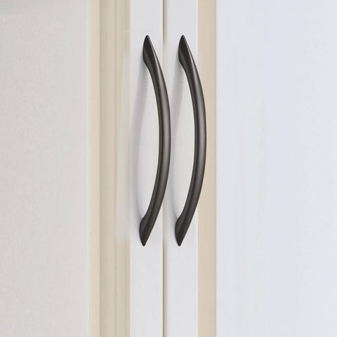 30 Pack Matte Black Cabinet Handles 5 Inch 128mm Screw Spacing Arch Drawer Pulls Modern Aluminum Alloy Hardware installed on cupboard door