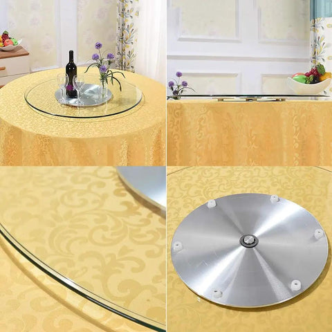 30 Inch Kitchen Tabletop Lazy Susan Turntable with tempered glass and aluminum base on patterned tablecloth