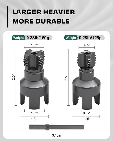 Vorhixa 2Pcs Pipe Threading Tool For Electric Drill, size and weight details of forged steel cutter heads.