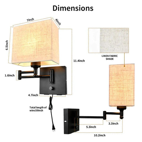Dimensions of Plug In Wall Sconce With 2 USB Ports, Dimmable Swing Arm, 7 Inch Fabric Linen Shade, 11.4 Inch Total Height