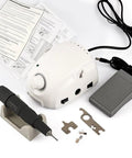 35K RPM Carbon Brush Micro Motor Drill Polishing Tool With Ultra Quiet Smooth Operation, white base unit, foot pedal, and accessories.