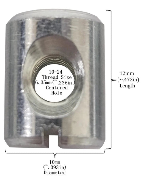 12 Pack Cross Dowels Barrel Nuts 12mm By 10mm Zinc Plated 10-24 Thread CNC Steel Hardware showing dimensions