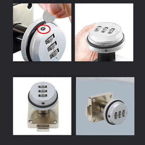 Close-up views of Keyless Combination Cam Lock With Password Security for drawers, zinc alloy, showing combination dials and power port.