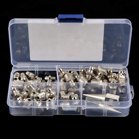 Grease Fittings Kit With 60 Metal Zerks For Spokes And Spoke Nipples, assorted angled metal fittings in plastic case