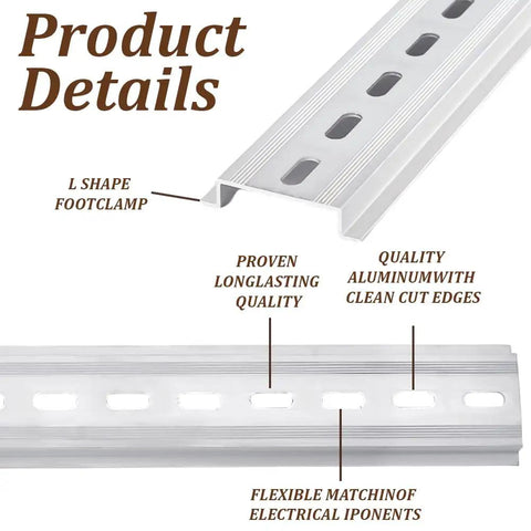 Close-up of Ten Piece 12 Inch Aluminum DIN Rails Top Hat Slotted 35mm Wide 7mm High with product details shown.