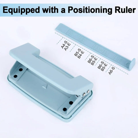 Adjustable 2 Hole Paper Punch for A4 A5 B5 paper sizes with positioning ruler, bright blue finish, metal hole puncher for home office