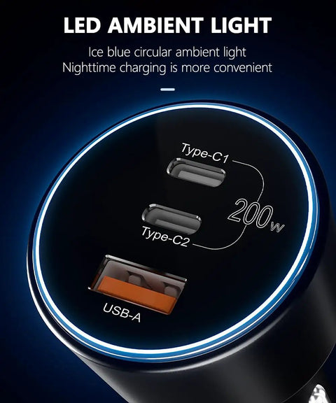 Top Shelf 200W Usb C Car Charger Featuring Dual 100W PD Ports For Super Fast Laptop And Phone Charging Includes Two Heavy Duty Usb C Cables For Your Daily Grind with LED ambient light showing charging ports.