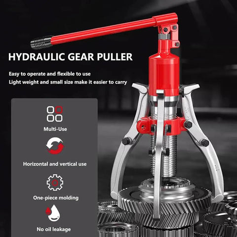 Pro Grade Hydraulic Gear Puller And Wheel Hub Remover, Heavy Duty structure shows red handle and silver jaws, designed for easy gear extraction.