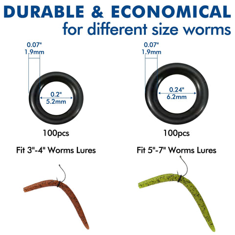 Gradient Wacky Rig Tool With Silicone O Rings 210 Pcs For 3 To 4 Inch And 5 To 7 Inch Worm Lures shown with O ring sizes