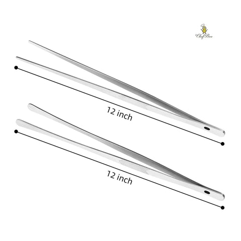 12 Inch Stainless Steel Kitchen Tongs And Tweezers 2 Piece Set With Pro Grade Precision Serrated Tips for home chefs and BBQ