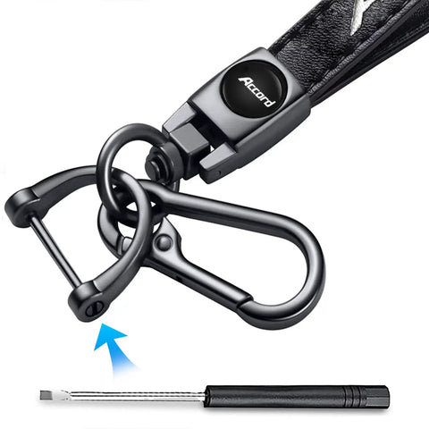 Hella Durable Genuine Leather Car Keychain Compatible With Honda Accord with zinc alloy hook and braided leather strap.