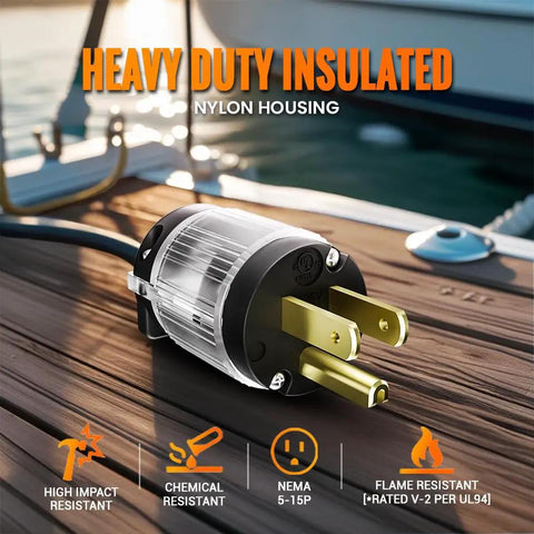 Lighted 15 Amp 125 Volt NEMA 5 15P Replacement Cord Outlet Connector With LED Power Indication, 2 Pole 3 Wire Straight Blade Male Plug, Pro Grade PVC See Thru Wiring Block, Black LIT 10 Pack