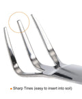 Close-up of Stainless Steel Root Rake With Three Prong Design And Thickened Non Slip Handle For Loosening Soil And Bonsai Potting.