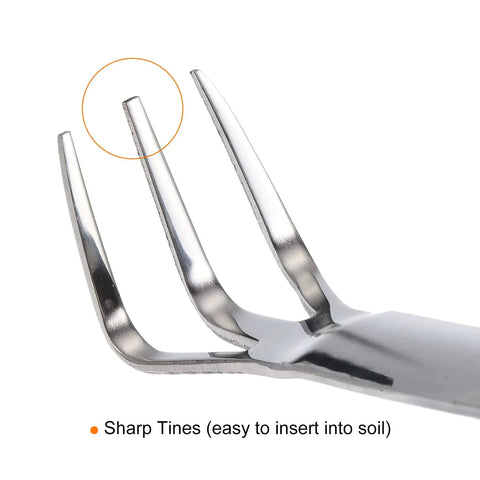 Close-up of Stainless Steel Root Rake With Three Prong Design And Thickened Non Slip Handle For Loosening Soil And Bonsai Potting.