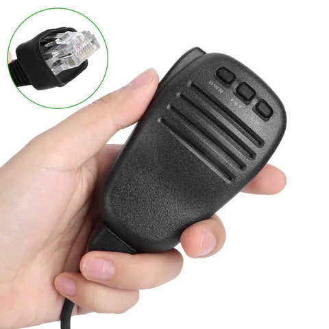 Person holding Handheld Microphone Speaker For Two Way Radios Compatible With Yaesu FT 817 FT 900 FT 450D, showing plug detail.