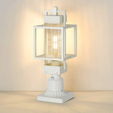 Dusk To Dawn Outdoor Post Light With Pier Mount Base, white weatherproof lantern, clear seeded glass for yard lighting.