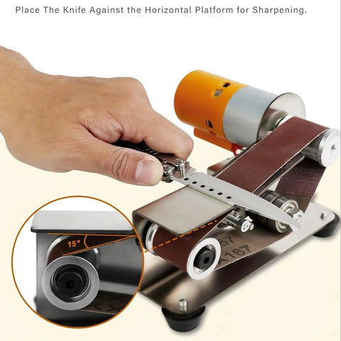 Mini Electric Belt Sander Boasts Seven Variable Speed Settings And Ergonomic Handles For Steady Precision Grinding Or Metal Polishing Hella Dependable Diy Power Tool Ships With Ten Graded Sanding Belts Ready For Fast Furniture Restorations And Quick Shop, with knife positioned on horizontal platform for sharpening.