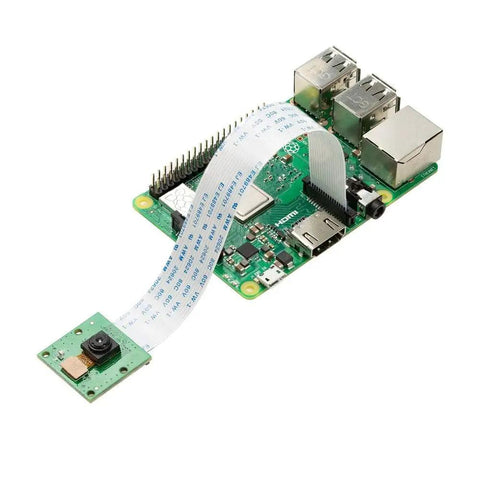 5MP Raspberry Pi Camera Module With 1080P HD OV5647 Sensor attached to a Raspberry Pi board, fixed focus lens, infrared filter.