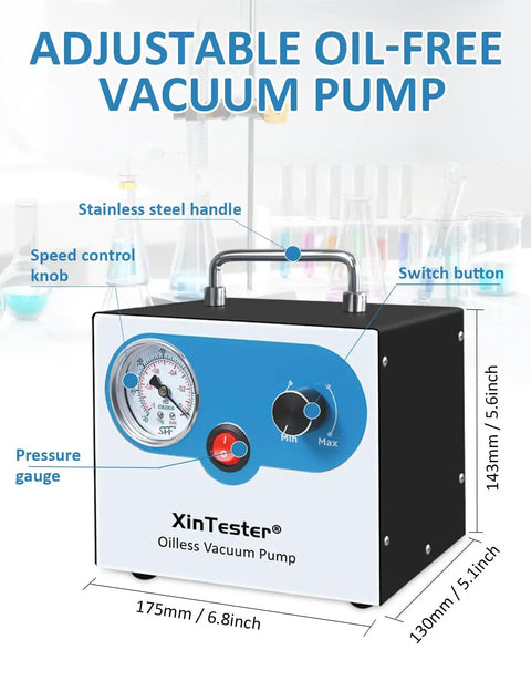 Oil Free Diaphragm Vacuum Pump For Labs Pro Grade Ultra Quiet Operation 15 Liters Per Minute 110 To 220 Volts Dual Pressure Control shown with features highlighted.
