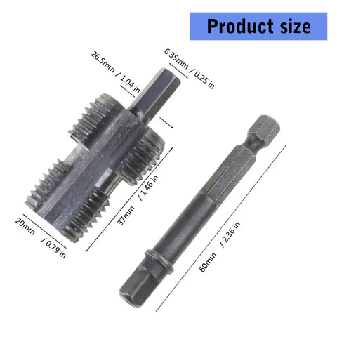 Essential Multitask Pipe Threader Kit For Pvc And Long Lasting Home Repairs Installations Featuring Tough Alloy Dies and ergonomic design, showing precise die and bit sizes.