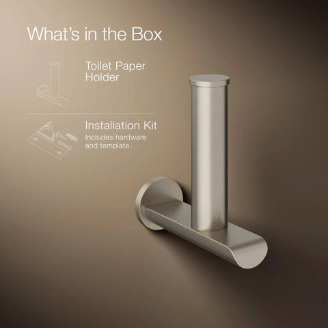 Image of Avid Vertical Toilet Paper Holder in Brushed Nickel Finish No Fuss Quick Change Sleek Modern Bathroom Accessory with kit