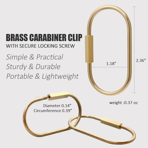 Locking Brass Carabiner Key Rings With Screw Lock Gold Tone Keychain Clip For Keys And Purses displayed with measurements