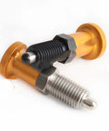 Built Tough Gold Knob Indexing Plunger Spring Pin With External Thread And Nut For Precise Vise Alignment CNC Machining And Heavy Duty Workshop Fixtures, showing a close-up view of the golden knob and steel plunger.