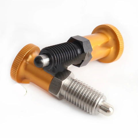 Built Tough Gold Knob Indexing Plunger Spring Pin With External Thread And Nut For Precise Vise Alignment CNC Machining And Heavy Duty Workshop Fixtures, showing a close-up view of the golden knob and steel plunger.