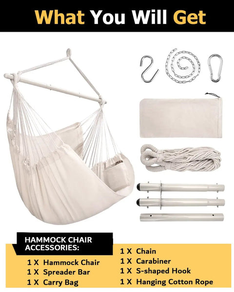 XXL Hammock Chair For Big Folks With Generous 70.9 By 47.2 Inches, 500 Lb Capacity, Heavy Duty Steel Spreader Bar, with accessories