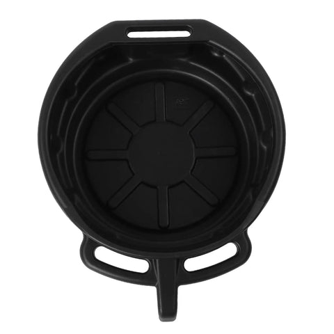 The Ultimate Heavy Duty Oil Drain Pan Kit Holds Four Gallons With Non Spill Pour Spout For Easy Car Maintenance And Fluid Catching During Coolant Changes. Black plastic oil drain pan, 4-gallon, top view with handles