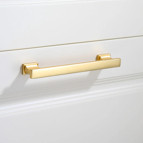 Close-up of 10 Pack Brushed Gold Cabinet Handles 6 Inch Length With 5 Inch Center To Center Hole Solid Metal Kitchen Cabinet Pulls installed on drawer