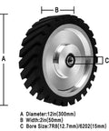Top Grade 12X2 Inch Serrated Rubber Contact Wheel Featuring 7R8 Bearing Hub For Belt Grinders And Woodworking Polishers, showing dimensions.