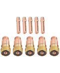 Get Ready For Precision Welding With This Stubby Gas Lens Kit Compatible With WP17 18 26 Torches Plus 10N23S Collet And 17GL116 Parts featuring five nozzles and collets.