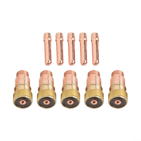 Get Ready For Precision Welding With This Stubby Gas Lens Kit Compatible With WP17 18 26 Torches Plus 10N23S Collet And 17GL116 Parts featuring five nozzles and collets.