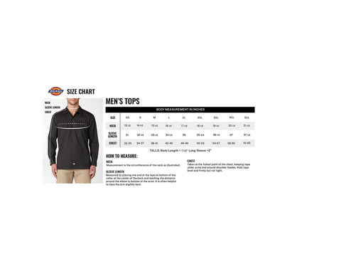 Men's Long Sleeve Work Shirt Charcoal Relaxed Fit Button Front With Twin Chest Pockets Built Like A Tank Cotton Poly Blend Wrinkle Resistant Finish For The Daily Grind size chart displaying measurements.