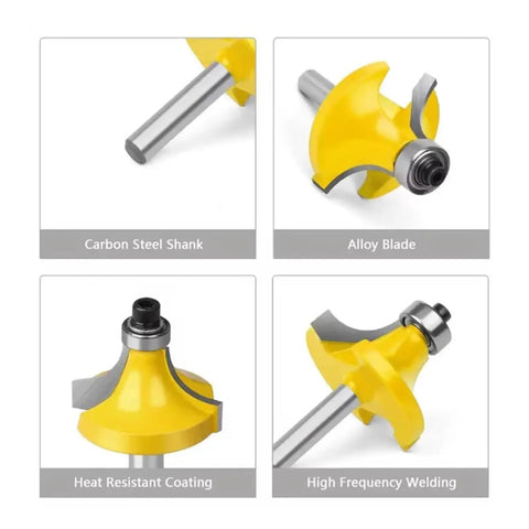 Top Tier 15 Pc Router Bit Set With 8mm Shank Carbide Cutting Edges for Precision Wood Trimming, showcasing alloy blades and carbon steel shanks.