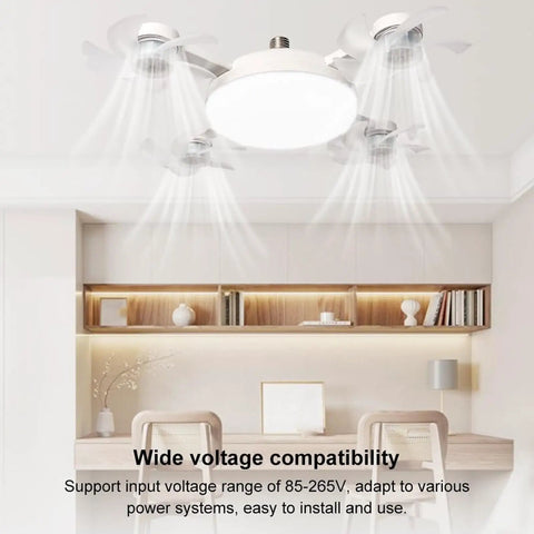 Totally Slick Remote Controlled Ceiling Fan Light Combo with four blades and bright light mounted in a modern home office.