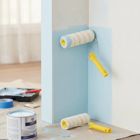 Premium Paint Roller Featuring Dual Yellow Strip Guide For Consistent Latex Flow Zero Streaks Killer Coverage Easy Peasy Application on blue wall.