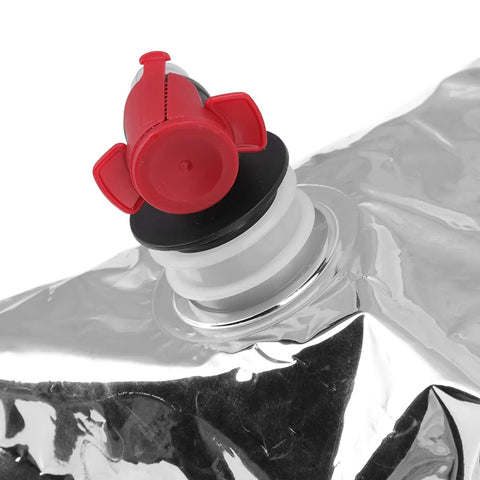 Close-up of spigot on 5 Pack Foldable Water Storage Bags With Spigots For Camping And Adventure, 15L Portable Drinking Water Bladders