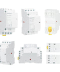 Rugged 25A AC Contactor Featuring Four Normally Open Terminals And Din Rail Mounting, showing multiple angles and details of the product.