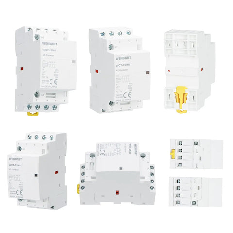 Rugged 25A AC Contactor Featuring Four Normally Open Terminals And Din Rail Mounting, showing multiple angles and details of the product.