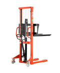 Rock Solid Manual Pallet Stacker And Heavy Duty Hand Forklift Featuring Pro Level 2200 Lb Load Capacity With Up To 63 Inch Max Lifting Height Plus Wide Adjustable Forks For Smooth Warehouse Inventory Handling, side view with handle.