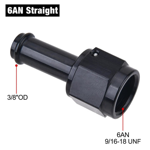6AN Female To Three Eighths Inch Barb Hose Fitting Straight Swivel For Performance Fuel Lines Aluminum 6061 T6 High Pressure Up To 1500 PSI Easy Install Leak Free Seal, 3/8" OD