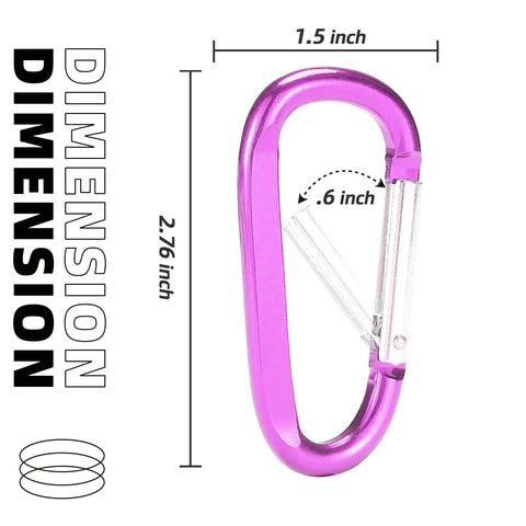 Pink Carabiner Key Clip With Spring Loaded Gate Aluminum 7075 D Ring Hook Buckle Heavy Duty Keychain Clip dimensions shown