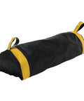 Hardcore Heavy Duty Vinyl Dock Seal Draft Blocker 36 Inch Wide Black With Ironclad Loop Anchors, side view with yellow accents.
