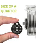 Ultra Bright Button LED Lights With Adhesive Backing Pack next to hand showing size comparison to quarter