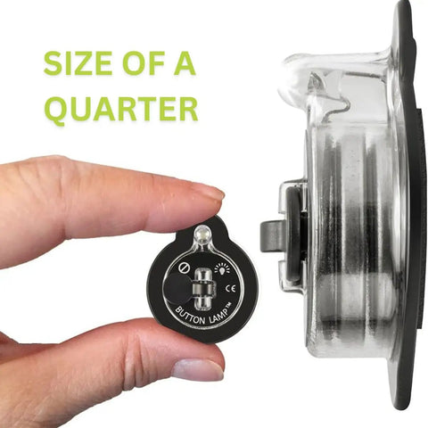 20 Lumens Each Ultra Bright Button LED Lamps With Adhesive, 18 Pack, shown in hand next to a quarter for size comparison.