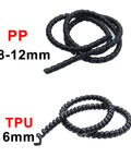 Hella Slick Spiral Cable Wrap Sleeve For E Bike And Home Office Wire Management Tube Organizer Kit With Versatile Heavy Duty Design Black Protective Cover Keeps Cables Neat, showing PP and TPU cable designs.
